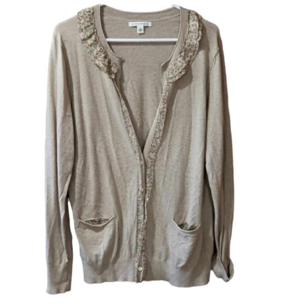 Banana Republic Tan Cardigan Sweater Floral Ruffle XL Wool Blend